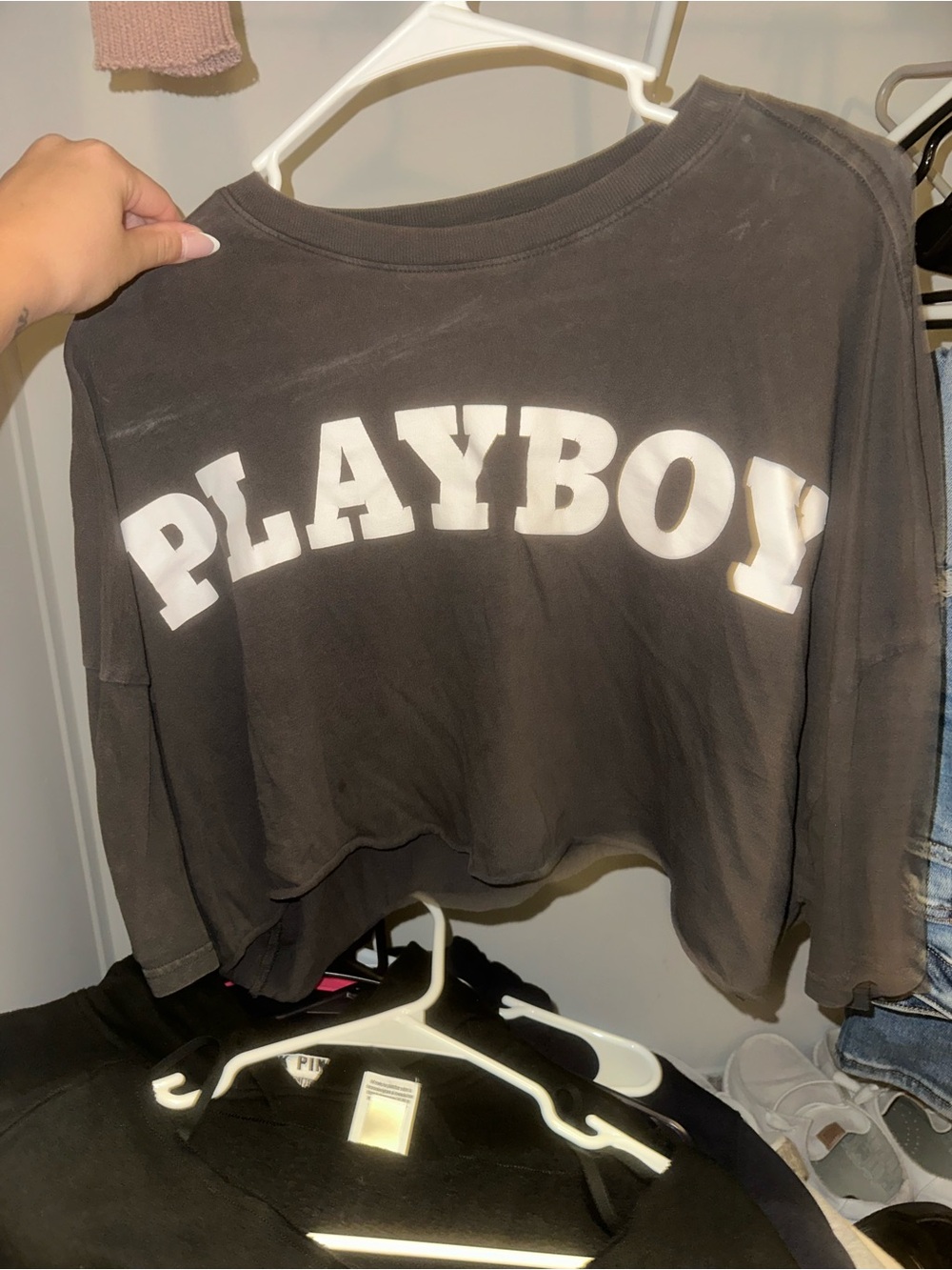 PLAYBOY Black Cropped Graphic Sweatshirt with White Logo